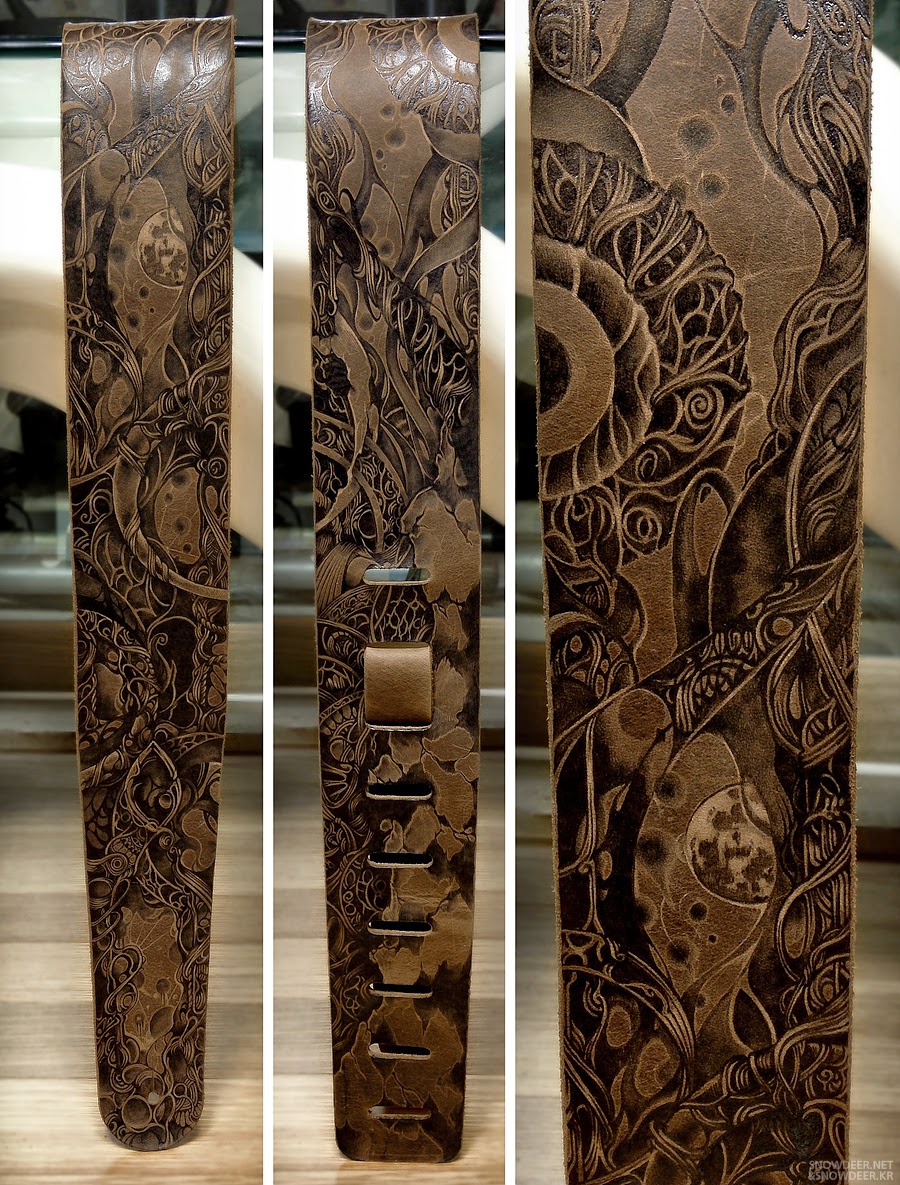 Snowdeer (Kim Sulrok) custom leather guitar strap pyrography