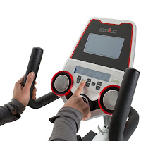 Ironman Triathlon X-Class 410's console, with dual backlit LCD display, sound speakers & cooling fan, adjustable-angle console