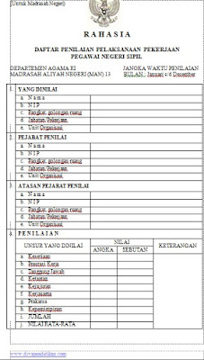 download format buku daftar penilaian pelaksanaan pekerjaan pegawai dp3 form