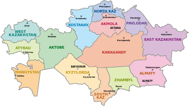 Peta pembagian wilayah administratif Kazakhstan