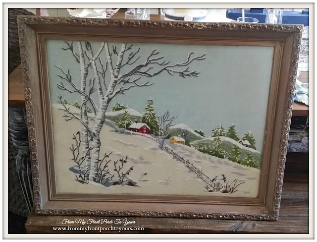 Crewel Framed Winter Artwork-Thrift Store Shopping- From My Front Porch To Yours