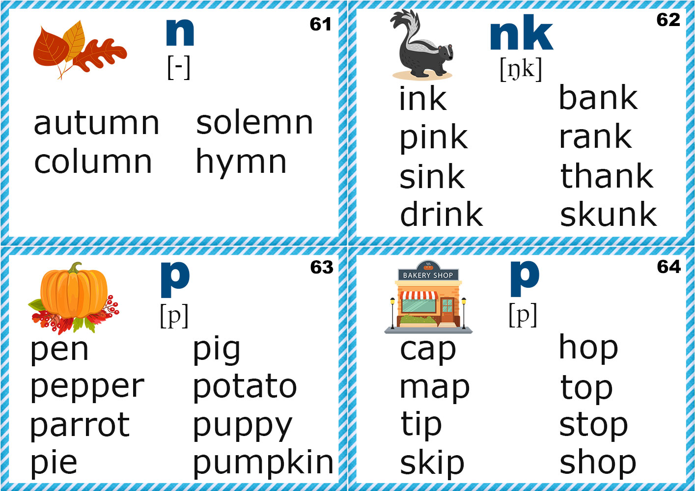Phonics Flashcards (consonants M, N, P, Q, R)