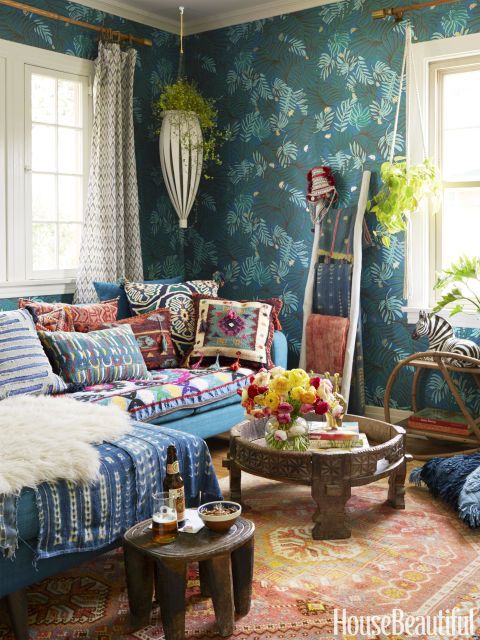 Boho home decor's maximalist maven share renovation - Jungalow Bluehemia 2 BoHoHome.com @bohosusan; Justina Blakeney interview in House Beautiful. Photos by David Tsay