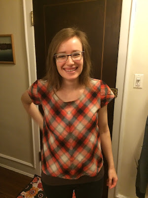 Grainline Scout Tee, modelled on me, front view, made with bias-cut plaid flannel