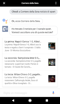 Schermata di smartphone con la chat di Assistant aperta con domande rivolte Corriere della Sera.