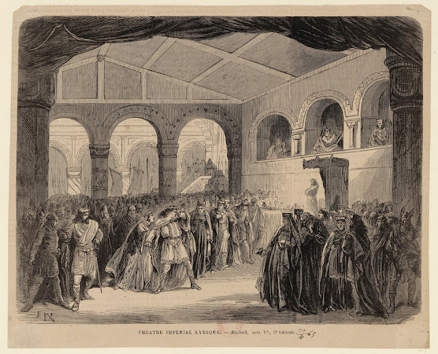 Illustration to Act I, Scene 2 of the première of the 1865 revision of Giuseppe Verdi's Macbeth.