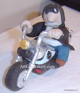 Custom edible motorcycle and man with black jacket rider topper
