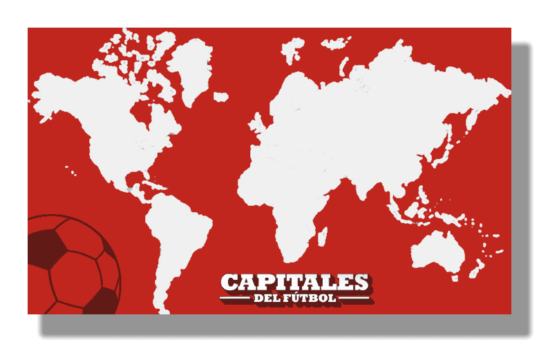 Mapamundi blanco en un fondo rojo con el logotipo de Capitales del Fútbol y un balón rojo