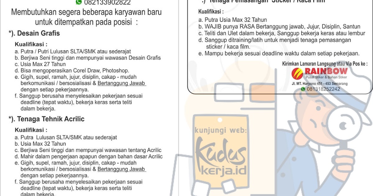 informasi lowongan kerja ebagai Desain Grafis, Tenaga Tehnik Acrilic