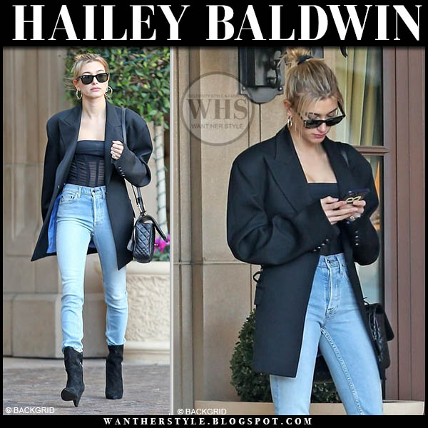Hailey Baldwin in black oversized blazer and jeans in Beverly Hills ~ I ...