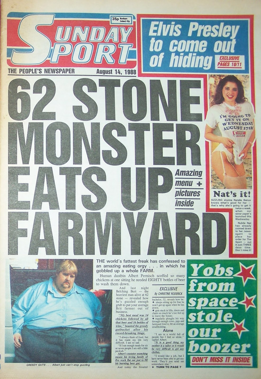 Sunday Sport Newspaper 14th August 1988