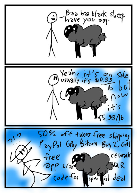 A man is standing in front of a black sheep, singing "Baa baa black sheep, have you any-" The sheep interrupts him. "Yeah, it's on sale usually it's $10.99 per pound but now it's $5.99 per pound..." The man gets dizzy as the sheep rambles on about PayPal, GPay, Bitcoin, special deals, etc.