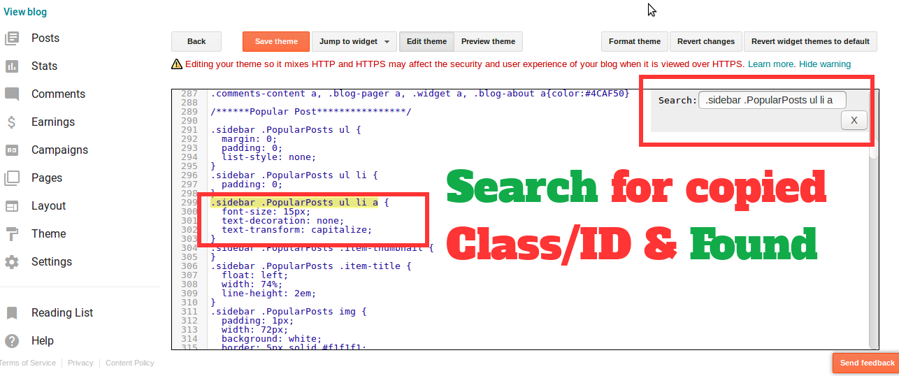 Search for copied class and ID from Blogger HTML