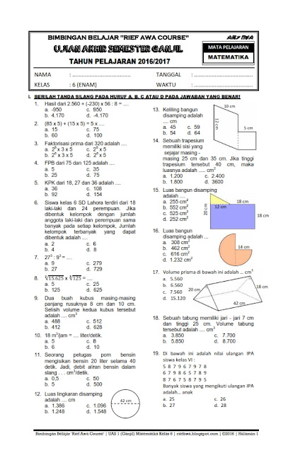 Soal Ujian Kelas 6 Matematika : Mudiartana Made: ULANGAN TENGAH