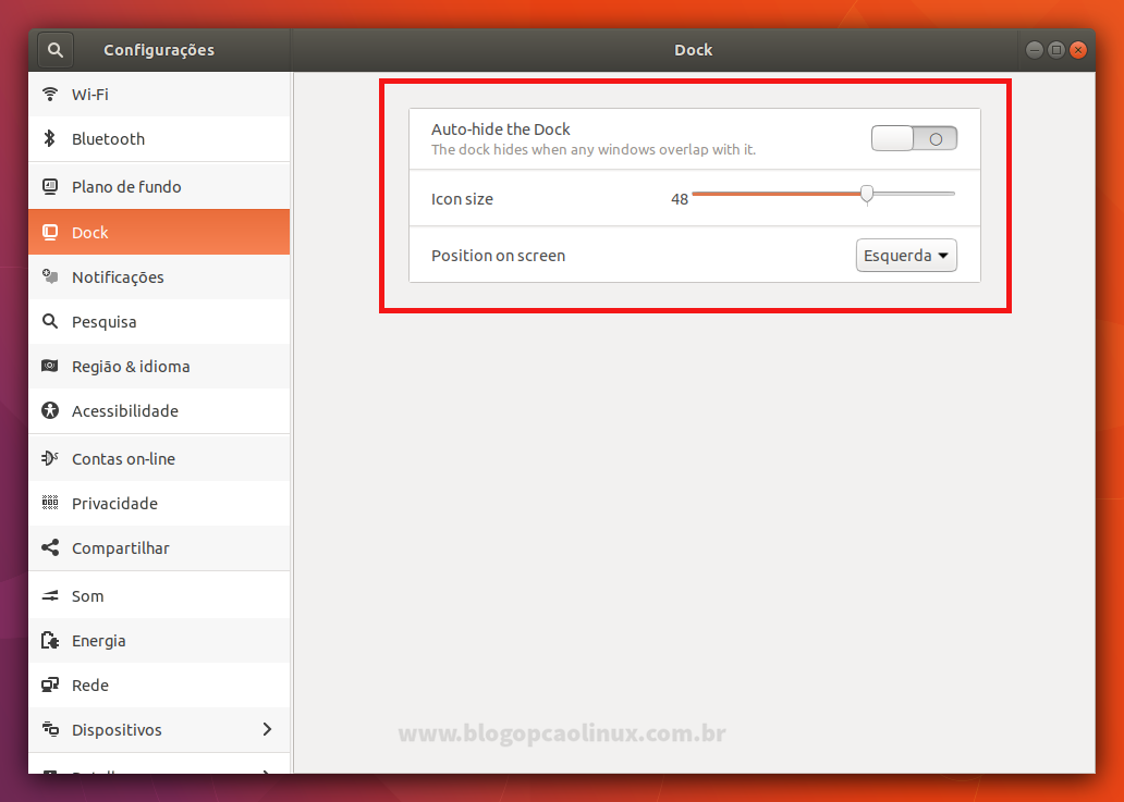 Configurações da "Ubuntu Dock" Configurações da "Ubuntu Dock"