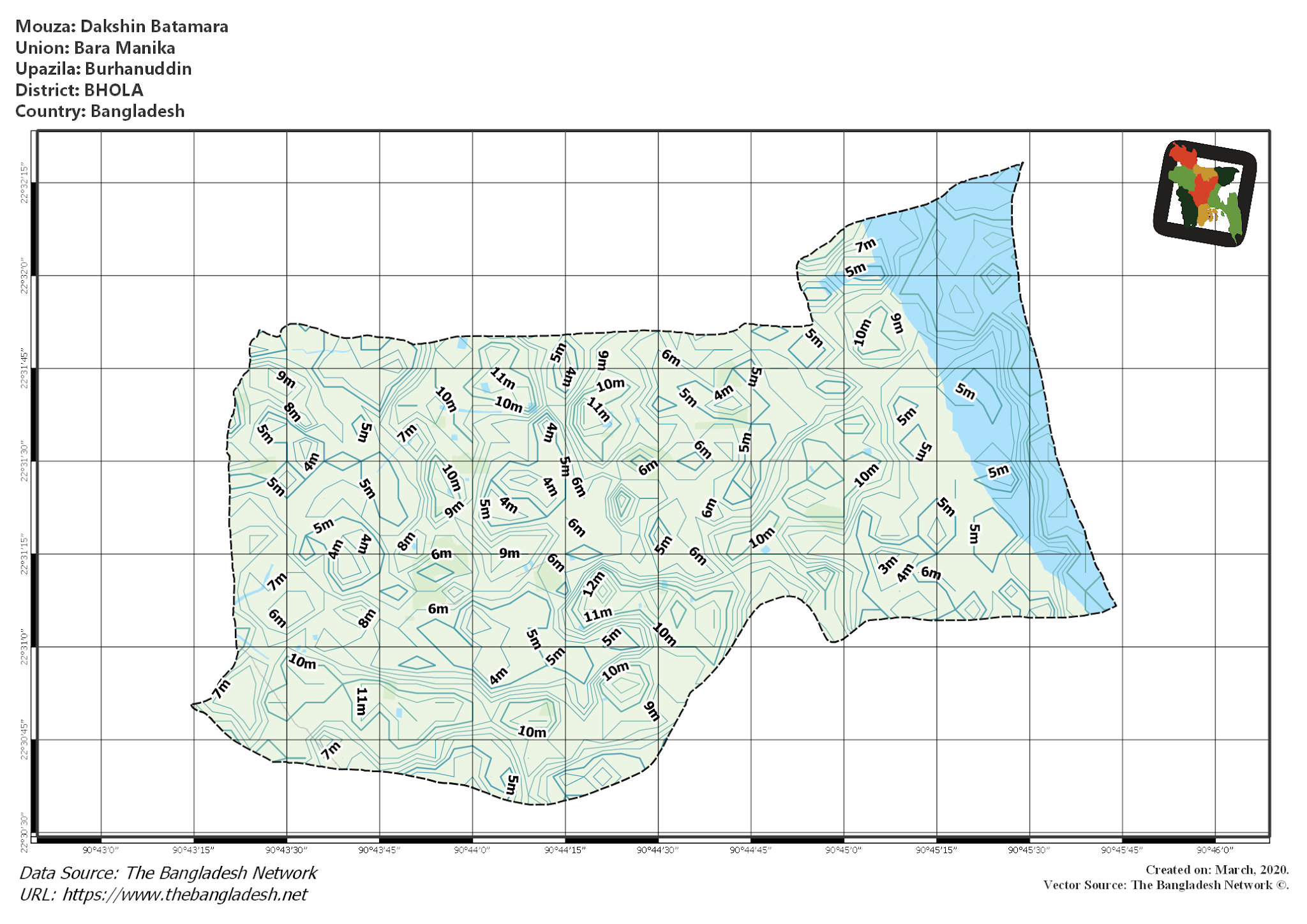 Map of Dakshin Batamara Mouza of Burhanuddin Upazila, BHOLA, Bangladesh.