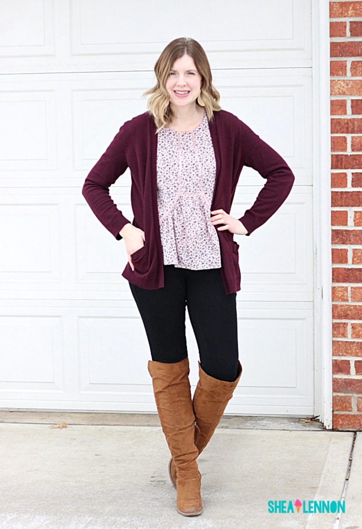 burgundy and blush outfit idea - cardigan with floral blouse | shealennon.com