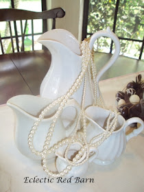 Eclectic Red Barn: White ironstone pitchers with pearls