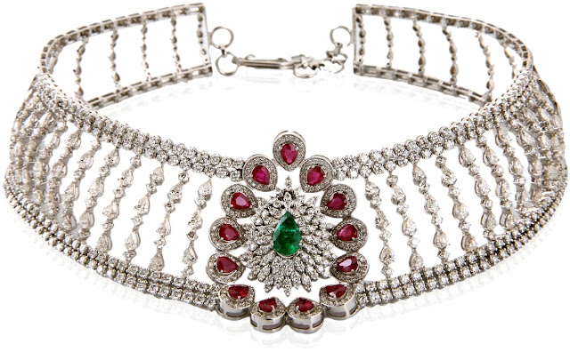Entice Ruby, Emerald diamond floral choker in white gold