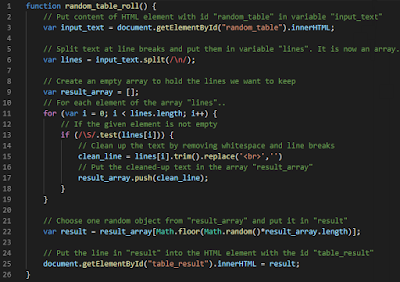 The random table roll javascript function