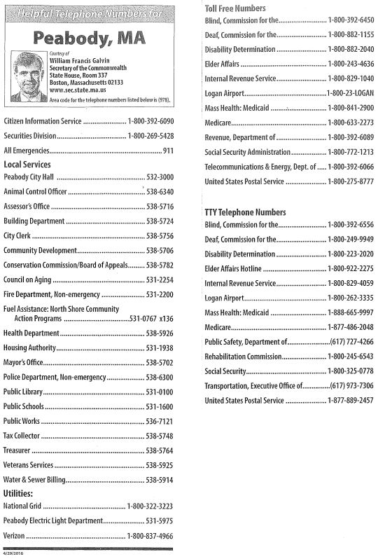 Peabody Council on Aging Helpful Telephone Numbers for PEABODY, MA