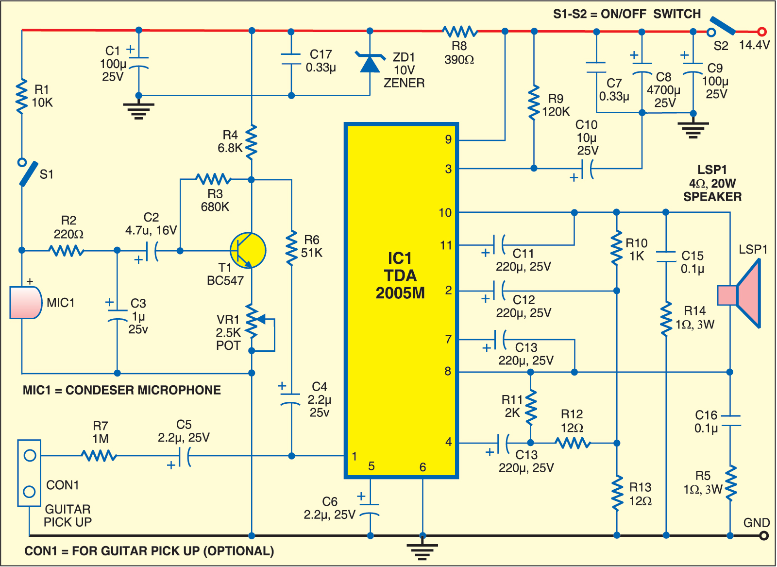 Guitar and Microphone Amplifier | Circuits-Projects