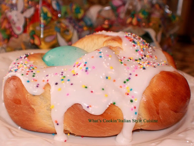 homemade easter bread with boiled eggs inside and anisette flavor