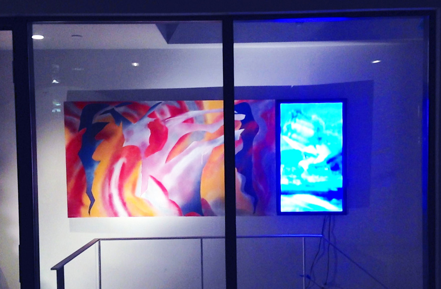 Emil Memon, HyperAbstraction/Blue movie, painting and a TV monitor