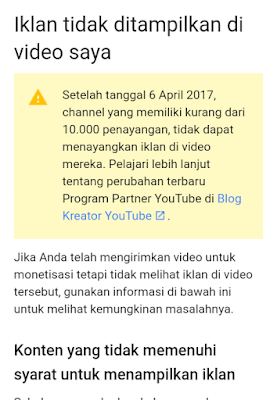 Kebijakan Youtube Yang Baru : View dibawah 10K, Iklan Tidak Akan ditampilkan pada Video Youtube