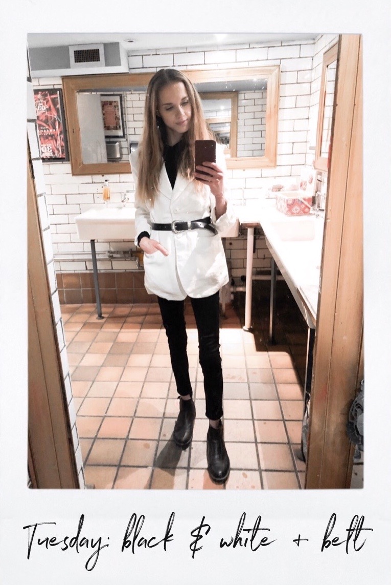 Black and white outfit with belted blazer - Mustavalkoinen asu bleiserin ja vyön kanssa