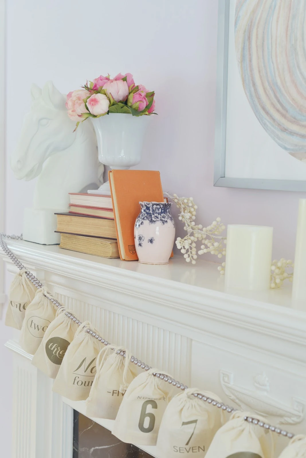 Valentines themed mantel decor with cotton bag advent calendar