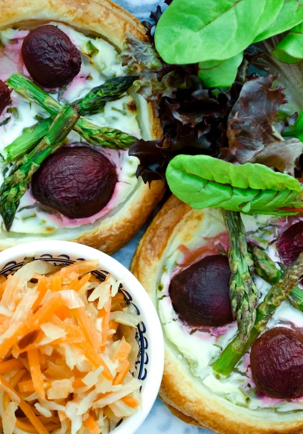 Easy Beet, Chive & Asparagus Tarts served with Spicy Slaw