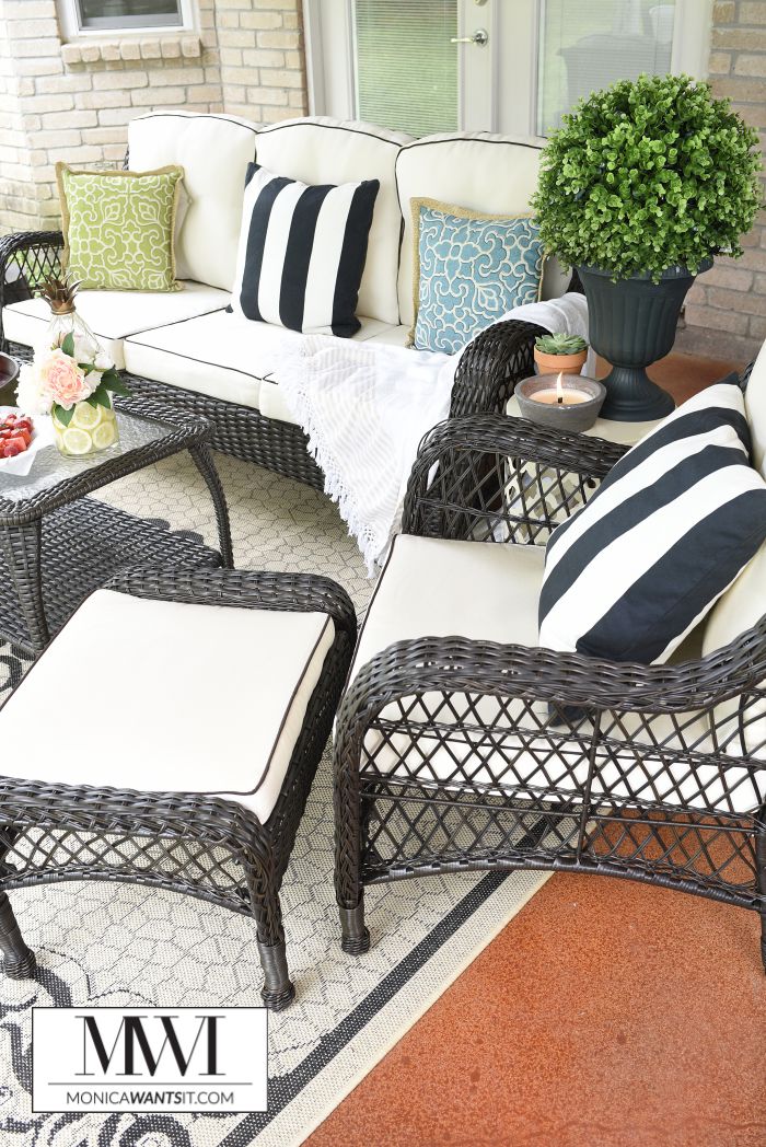 Tips and ideas for an affordable patio makeover that is perfect for lounging and entertaining in your backyard. The patio set that is featured is gorgeous! Tips and ideas for an affordable patio makeover that is perfect for lounging and entertaining in your backyard. The patio set that is featured is gorgeous!
