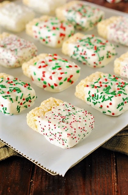 Christmas White Chocolate-Dipped Rice Krispie Treats with Sprinkles Image