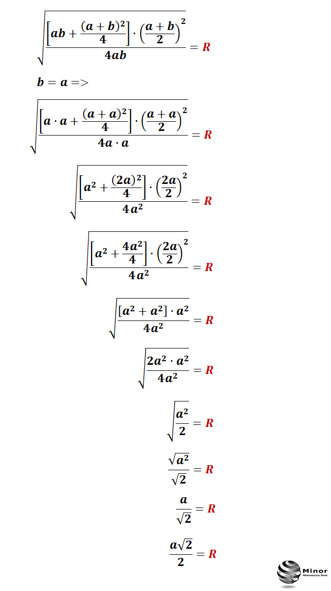 Wykazać, że wyprowadzony wzór na długość promienia okręgu (koła) wpisanego i opisanego jednocześnie w trapezie równoramiennym w szczególnym przypadku zwraca wzór na długość promienia okręgu (koła) wpisanego i opisanego na tym kwadracie wiedząc, że a=b. 