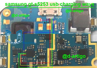 Jumper Ways Samsung S5253 Usb Charging Problem Solution    If you Get Charging or Usb Connector Is Not Working Samsung S5253 Problem. Check This Line and if get any line is short please make this jumper use copper coil. You can solve your Samsung S5253 Mobile phone charging problem.  