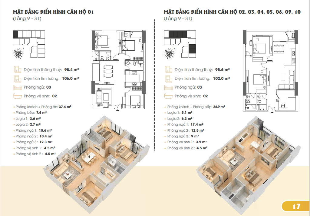 Thiết kế căn hộ 01, 3 phòng ngủ chung cư Golden Park Tower
