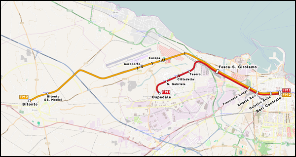 Plan du train pour l'aéroport à Bari