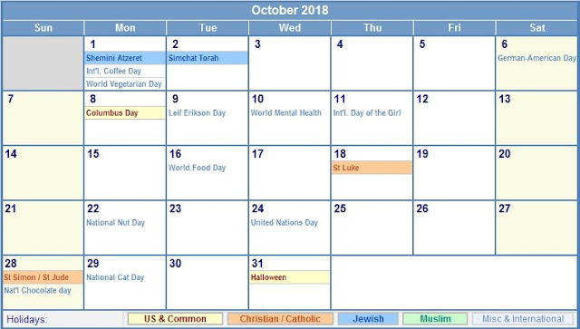 October 2018 Calendar, October 2018 Printable Calendar, October 2018 Calendar Template, Blank October 2018 Calendar, October 2018 Calendar Printable, Calendar October 2018, October 2018 Calendar with Holidays, October 2018 Calendar PDF, October 2018 Calendar Word, October 2018 Calendar Excel