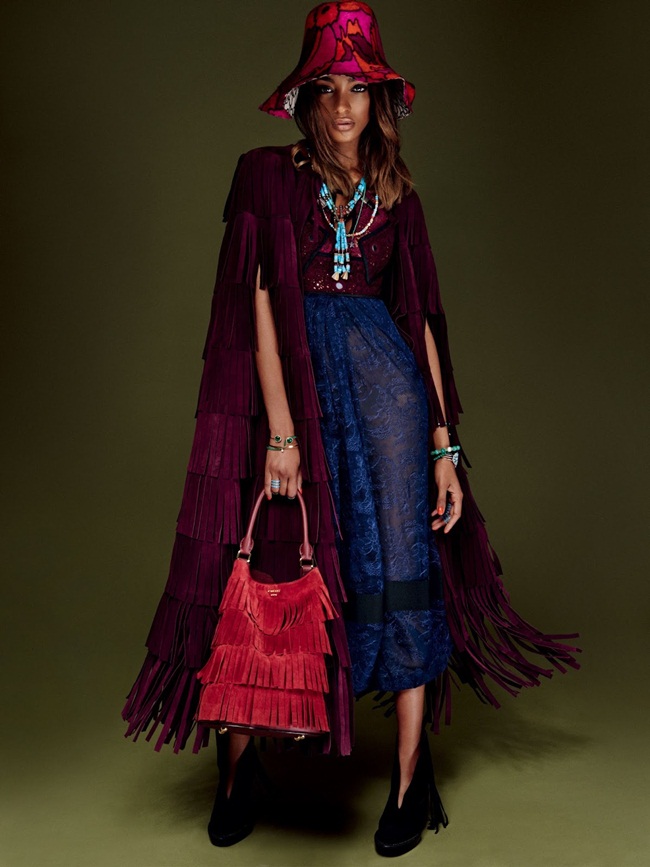 Vogue Japan January 2016, Jourdan Dunn Burberry Prorsum 2015 AW Burgundy Suede Tassels Poncho Editorials