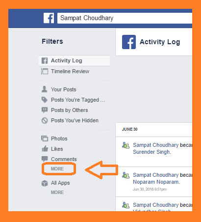 Facebook activity log screen