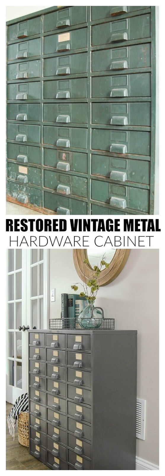 I LOVE this piece! A vintage metal hardware cabinet gets restored and turned into perfect home storage. www.littlehouseoffour.com