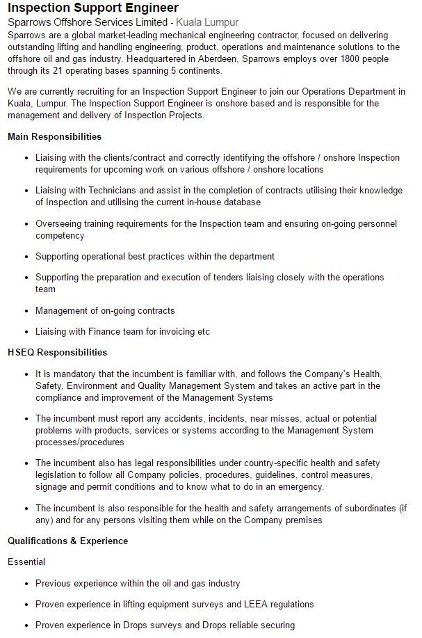 Oil &Gas Vacancies: Inspection Support Engineer - Sparrows Offshore