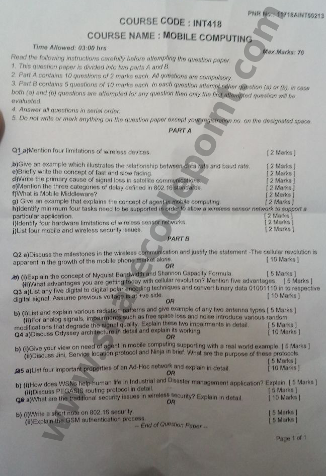 INT418 : Mobile Computing Reappear / Backlog / End Term Question Paper ...