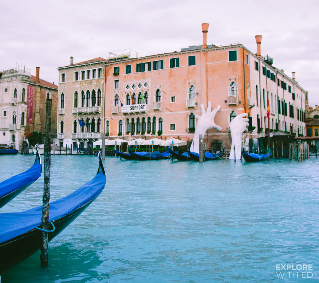 Support by Lorenzo Quinn on Venice's Grand Canal