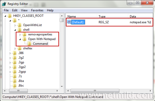 Regedit New key Command modifiy defaul Add Open With Notepad di Setiap Context Menu di Windows 7