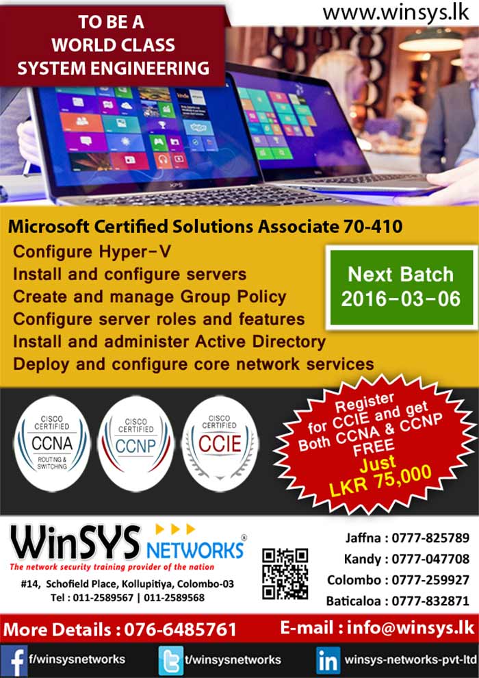 WinSYS Networks (Pvt) Ltd. was established in May 2003 with the prime intention of providing Hi Tech training and Consulting for corporate sector. In short period of time we have built reputation as a professional organization of very high integrity. Today WinSYS Networks, has become a premier training & consultancy company for networking, network security, & internet technologies in Sri Lanka, Human resources of WinSYS Networks include senior network consultants, business consultants, network security experts, project managers, system analysts and professional trainers.