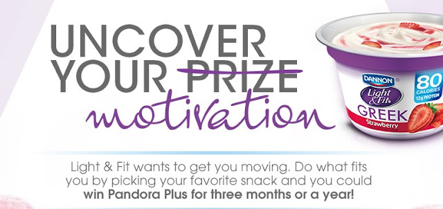 Dannon Light & Fit Instant Win Game & Sweepstakes Dannon Light & Fit Yogurt wants to motivate you this new year by offering you a chance to enter daily to win instant win prizes including Pandora subscriptions!