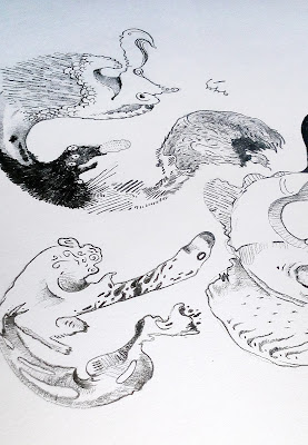 Close up photo of Kostas Gogas' drawing, entitled 'Abstract Fish', depicting fish-like shapes made with pencil. Click to enlarge.