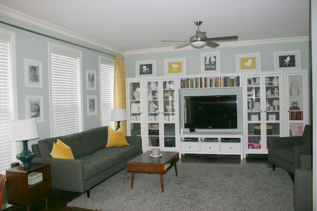 gray and yellow family room